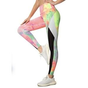QUEENIEKE Womens High Waisted Color Blocking Neon Tie-Dye Yoga Leggings Pants XS
